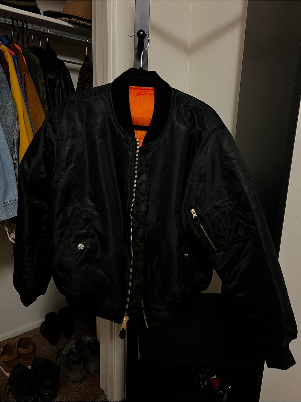 Black Bomber Jacket with Orange Lining